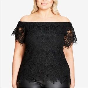 CITY CHIC 2O Black Viscose Blend Lace Short Sleeve Off-Shoulder Lined Top